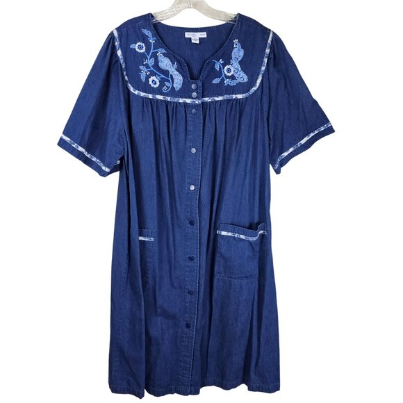 Go Softly Patio Dress 1X Blue Embroidered Peacock Pockets Cottagecore Prairie - Picture 1 of 9